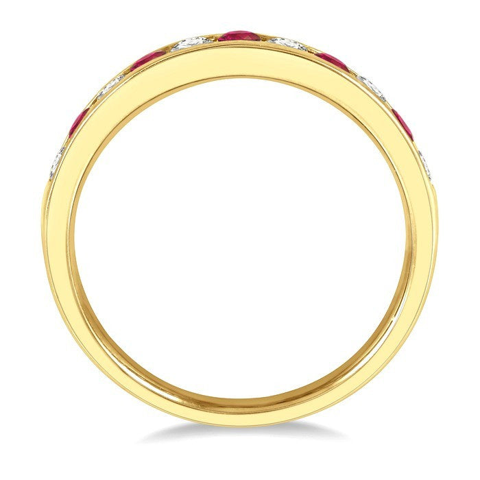 2.3 MM Round Shape Ruby and 1/4 Ctw Round Cut Diamond Precious Wedding Band in 14K Yellow Gold