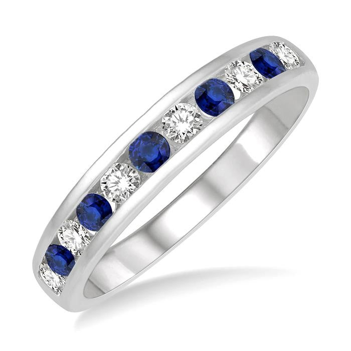 2.3 MM Sapphire and 1/4 Ctw Round Cut Diamond Precious Wedding Band in 14K White Gold