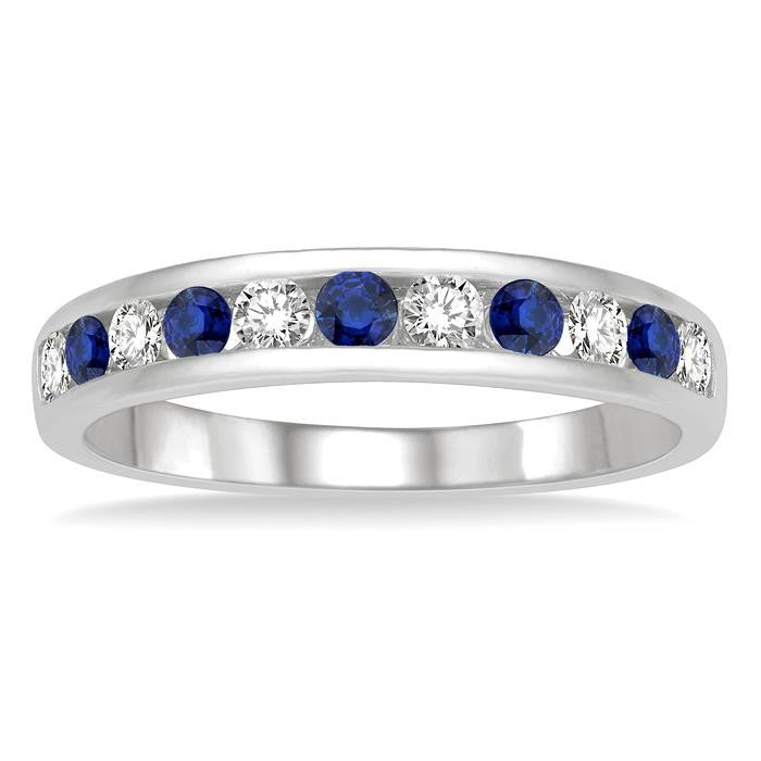 2.3 MM Sapphire and 1/4 Ctw Round Cut Diamond Precious Wedding Band in 14K White Gold
