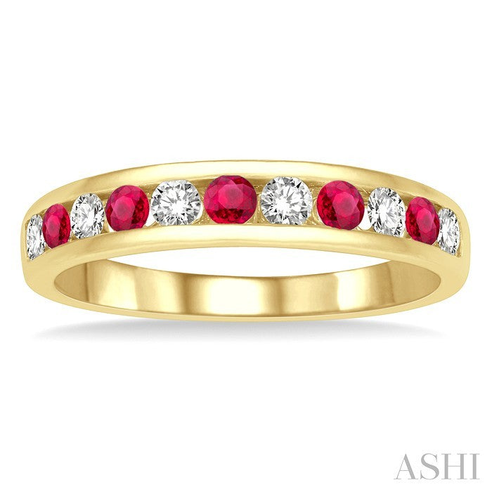 2.3 MM Round Shape Ruby and 1/4 Ctw Round Cut Diamond Precious Wedding Band in 14K Yellow Gold