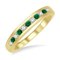 2 MM Emerald and 1/5 Ctw Round Cut Diamond Precious Wedding Band in 14K Yellow Gold