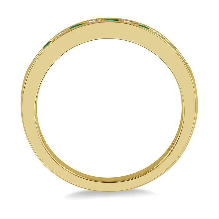 2 MM Emerald and 1/5 Ctw Round Cut Diamond Precious Wedding Band in 14K Yellow Gold