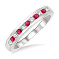 2 MM Ruby and 1/5 Ctw Round Cut Diamond Precious Wedding Band in 14K White Gold