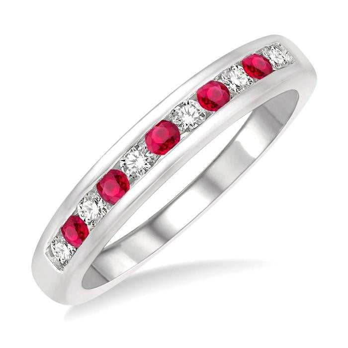 2 MM Ruby and 1/5 Ctw Round Cut Diamond Precious Wedding Band in 14K White Gold