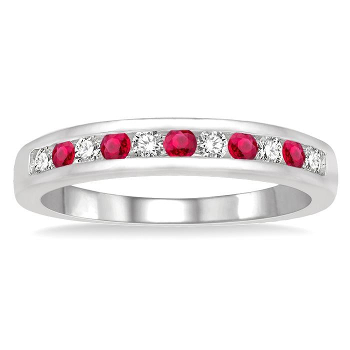 2 MM Ruby and 1/5 Ctw Round Cut Diamond Precious Wedding Band in 14K White Gold