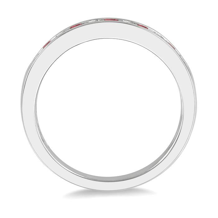 2 MM Ruby and 1/5 Ctw Round Cut Diamond Precious Wedding Band in 14K White Gold