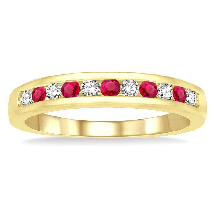 2 MM Round Shape Ruby and 1/5 Ctw Round Cut Diamond Precious Wedding Band in 14K Yellow Gold