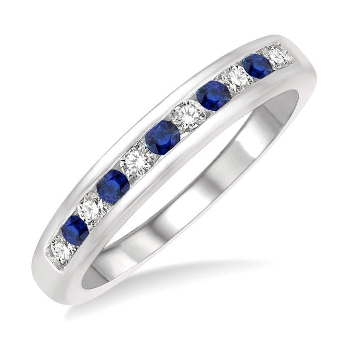 2 MM Sapphire and 1/5 Ctw Round Cut Diamond Precious Wedding Band in 14K White Gold