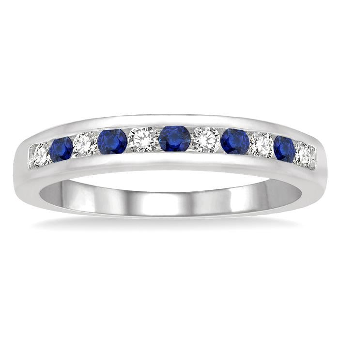2 MM Sapphire and 1/5 Ctw Round Cut Diamond Precious Wedding Band in 14K White Gold