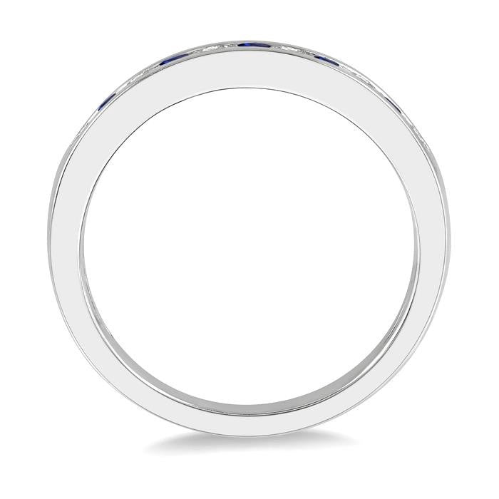 2 MM Sapphire and 1/5 Ctw Round Cut Diamond Precious Wedding Band in 14K White Gold