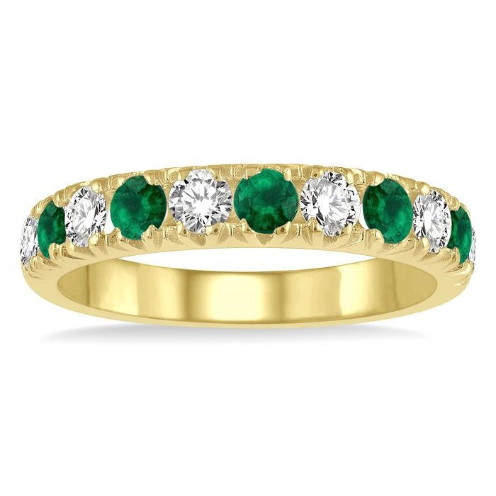 2.9 MM Emerald and 1/2 Ctw Round Cut Diamond Precious Wedding Band in 14K Yellow Gold