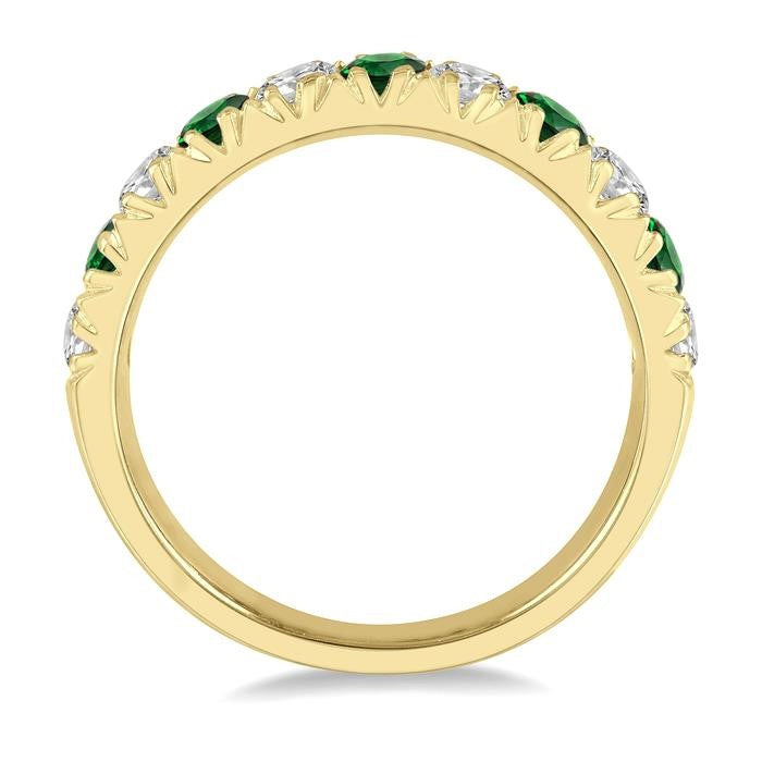2.9 MM Emerald and 1/2 Ctw Round Cut Diamond Precious Wedding Band in 14K Yellow Gold