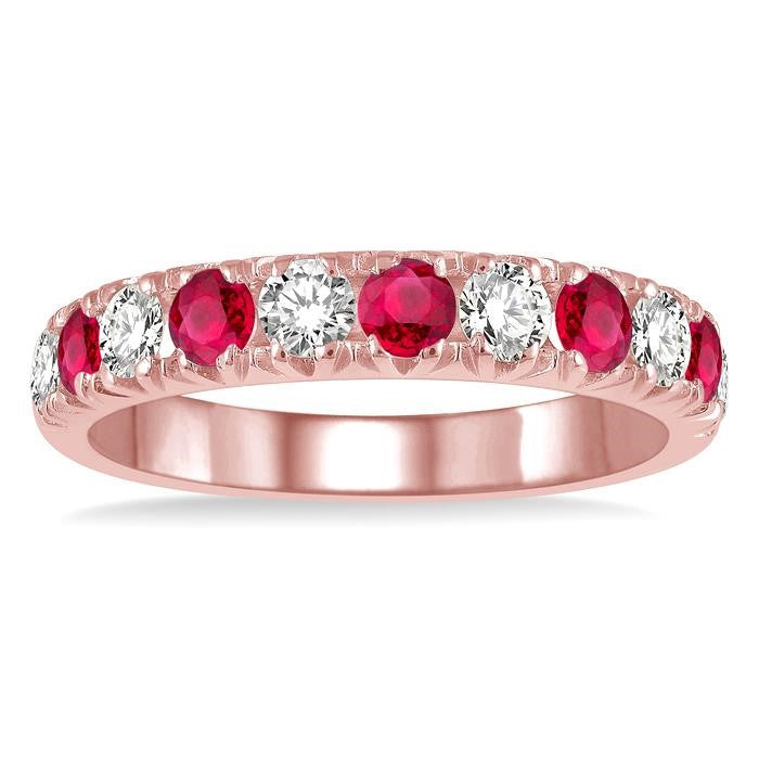 2.9 MM Ruby and 1/2 Ctw Round Cut Diamond Precious Wedding Band in 14K Rose Gold