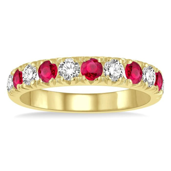 2.9 MM Ruby and 1/2 Ctw Round Cut Diamond Precious Wedding Band in 14K Yellow Gold