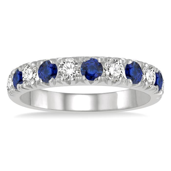 2.9 MM Sapphire and 1/2 Ctw Round Cut Diamond Precious Wedding Band in 14K White Gold