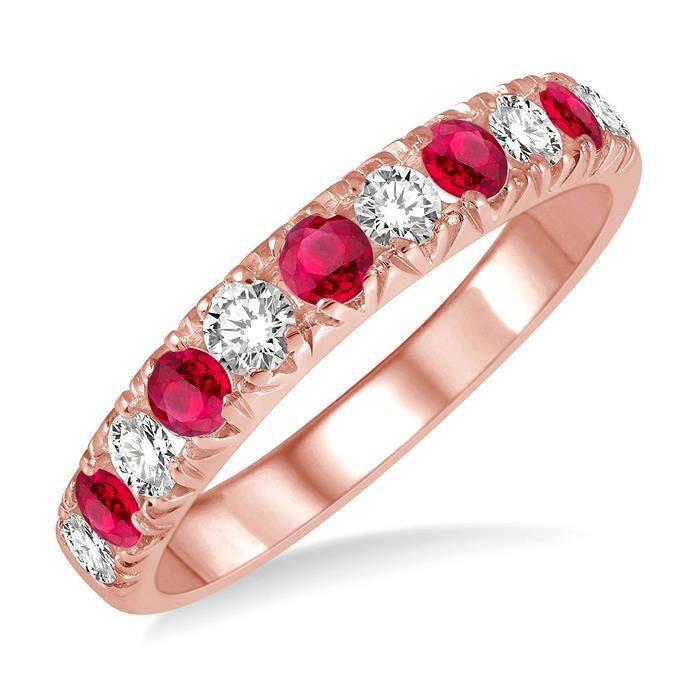 2.6 MM Ruby and 3/8 Ctw Round Cut Diamond Precious Wedding Band in 14K rose Gold
