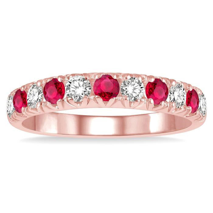 2.6 MM Ruby and 3/8 Ctw Round Cut Diamond Precious Wedding Band in 14K rose Gold