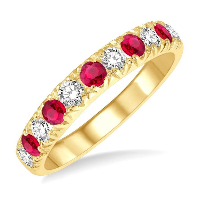 2.6 MM Ruby and 3/8 Ctw Round Cut Diamond Precious Wedding Band in 14K Yellow Gold
