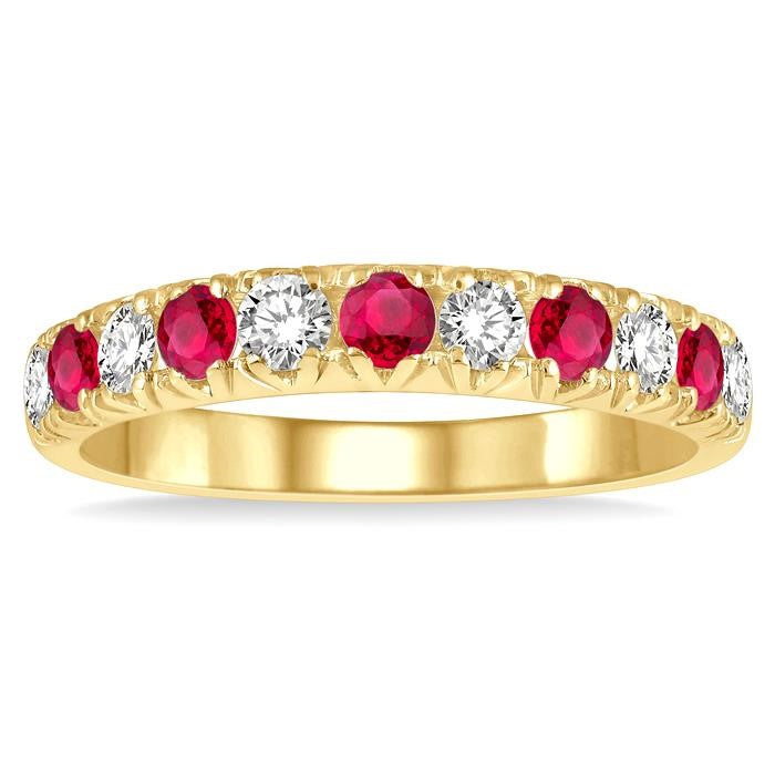 2.6 MM Ruby and 3/8 Ctw Round Cut Diamond Precious Wedding Band in 14K Yellow Gold