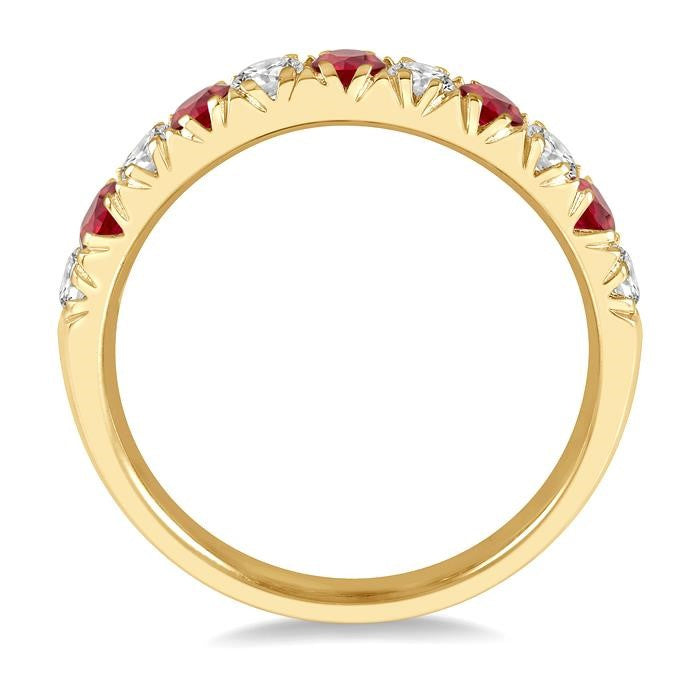 2.6 MM Ruby and 3/8 Ctw Round Cut Diamond Precious Wedding Band in 14K Yellow Gold