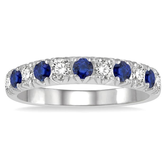 2.6 MM Sapphire and 3/8 Ctw Round Cut Diamond Precious Wedding Band in 14K White Gold