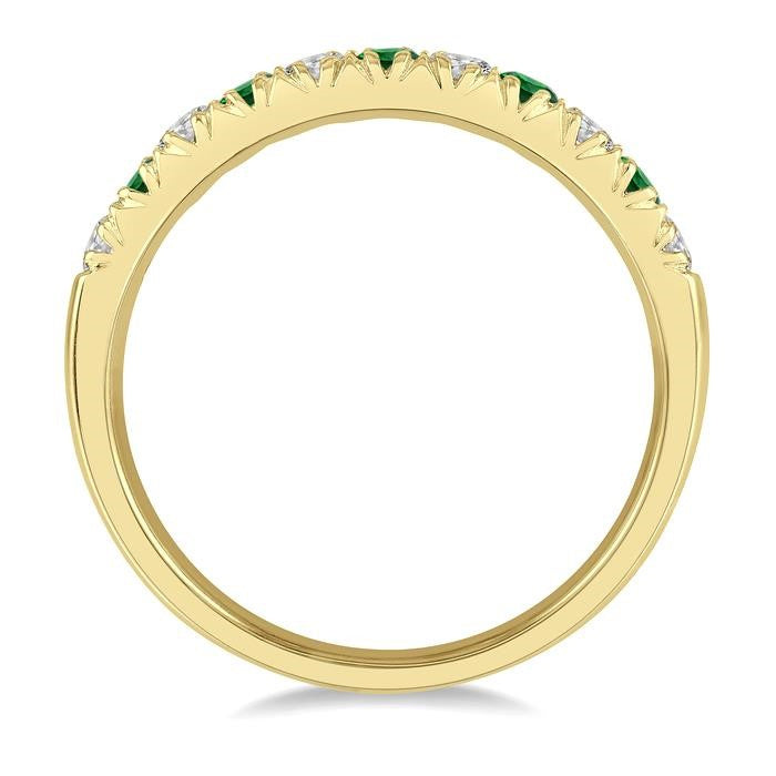 2.3 MM Emerald and 1/4 Ctw Round Cut Diamond Precious Wedding Band in 14K Yellow Gold