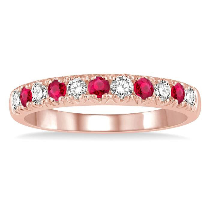 2.3 MM Ruby and 1/4 Ctw Round Cut Diamond Precious Wedding Band in 14K rose Gold