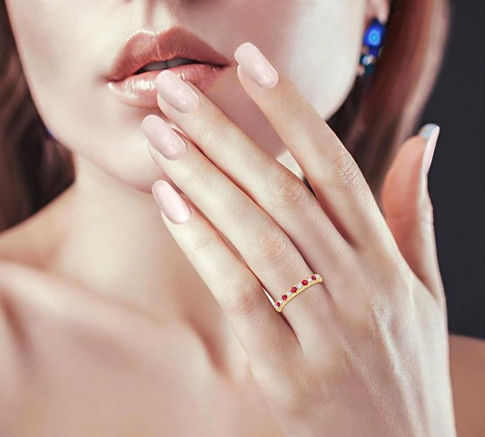 2.3 MM Ruby and 1/4 Ctw Round Cut Diamond Precious Wedding Band in 14K Yellow Gold