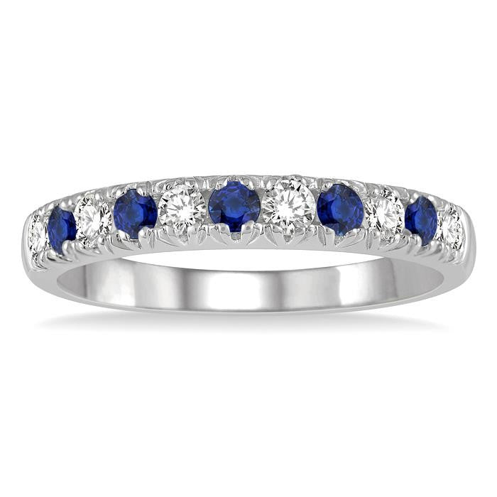 2.3 MM Sapphire and 1/4 Ctw Round Cut Diamond Precious Wedding Band in 14K White Gold
