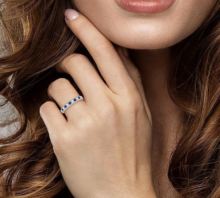 2.3 MM Sapphire and 1/4 Ctw Round Cut Diamond Precious Wedding Band in 14K White Gold