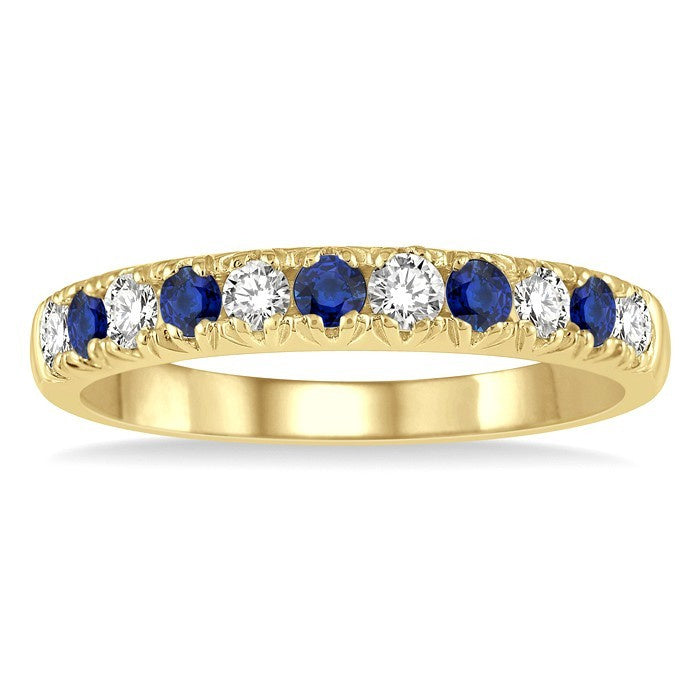 2.3 MM Round Shape Sapphire and 1/4 Ctw Round Cut Diamond Precious Wedding Band in 14K Yellow Gold