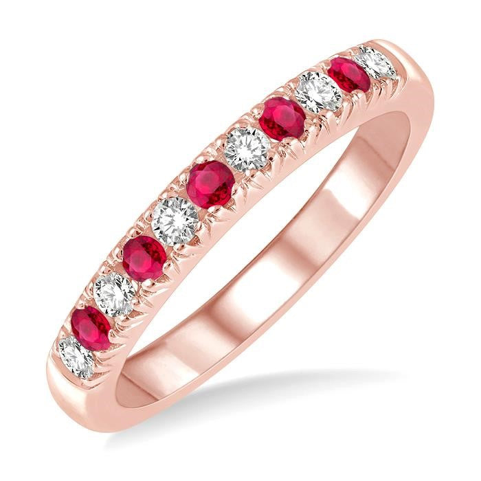 2 MM Ruby and 1/5 Ctw Round Cut Diamond Precious Wedding Band in 14K Rose Gold