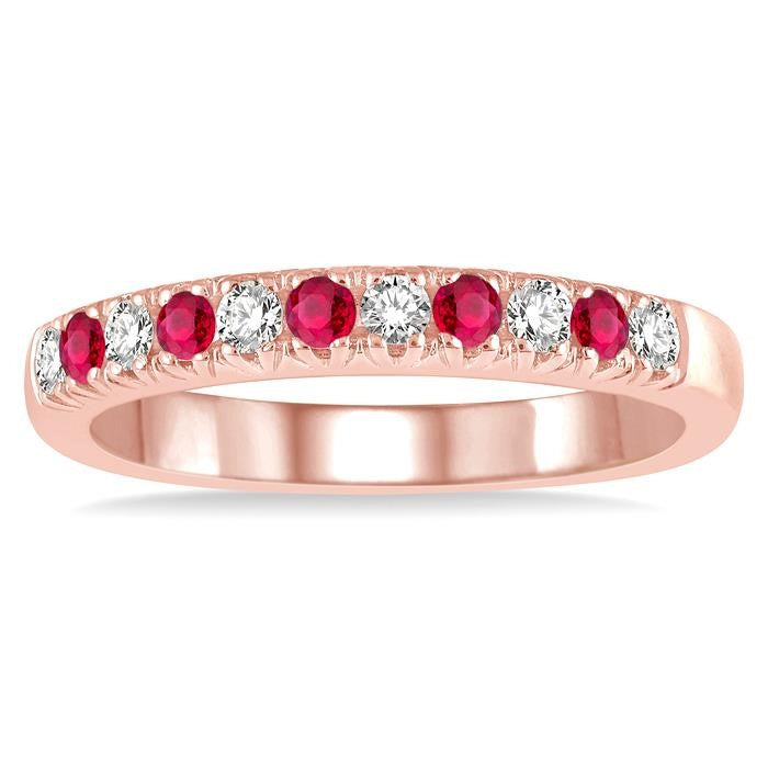 2 MM Ruby and 1/5 Ctw Round Cut Diamond Precious Wedding Band in 14K Rose Gold