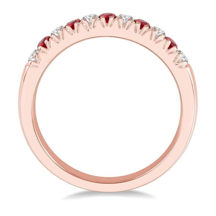 2 MM Ruby and 1/5 Ctw Round Cut Diamond Precious Wedding Band in 14K Rose Gold