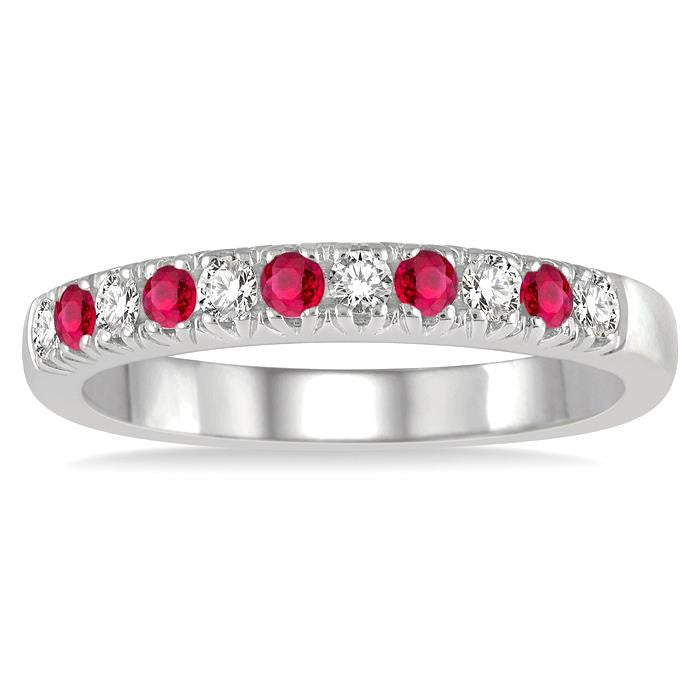 2 MM Round Shape Ruby and 1/5 Ctw Round Cut Diamond Precious Wedding Band in 14K White Gold