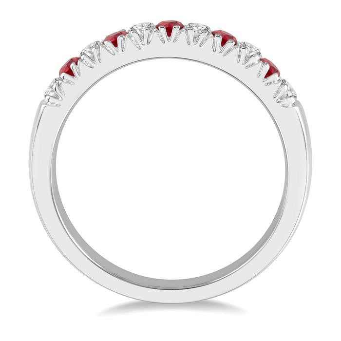 2 MM Round Shape Ruby and 1/5 Ctw Round Cut Diamond Precious Wedding Band in 14K White Gold