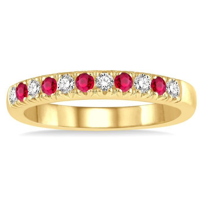 2 MM Ruby and 1/5 Ctw Round Cut Diamond Precious Wedding Band in 14K Yellow Gold