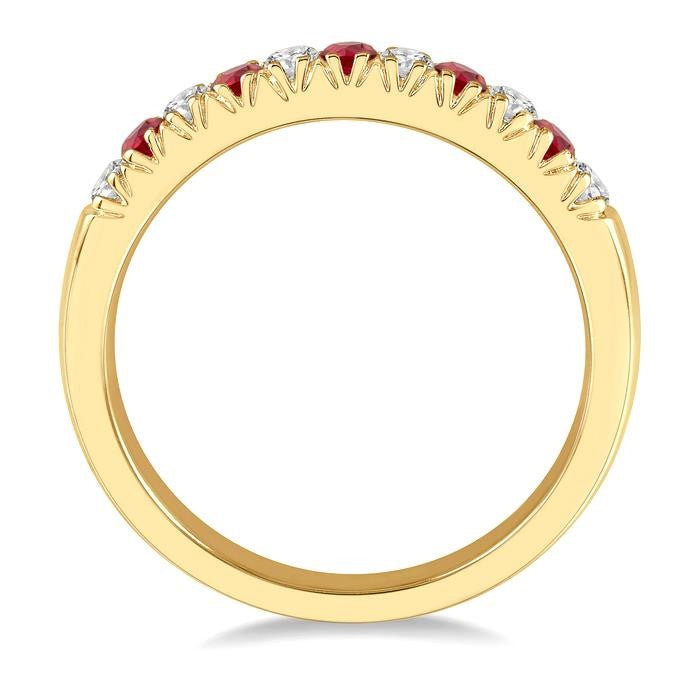 2 MM Ruby and 1/5 Ctw Round Cut Diamond Precious Wedding Band in 14K Yellow Gold