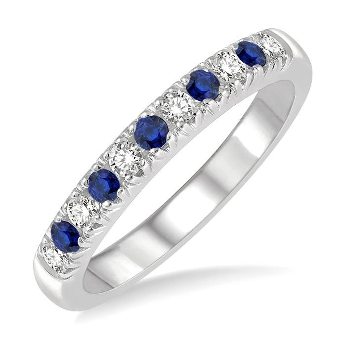 2 MM Sapphire and 1/5 Ctw Round Cut Diamond Precious Wedding Band in 14K White Gold