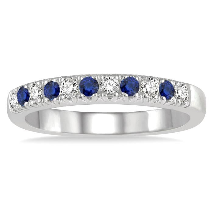 2 MM Sapphire and 1/5 Ctw Round Cut Diamond Precious Wedding Band in 14K White Gold