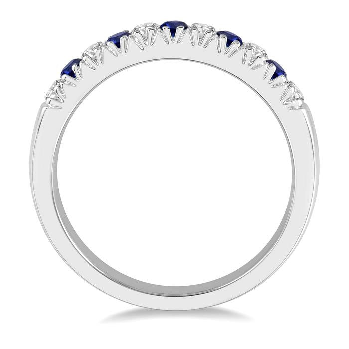 2 MM Sapphire and 1/5 Ctw Round Cut Diamond Precious Wedding Band in 14K White Gold