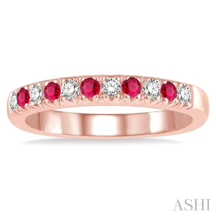 2 MM Ruby and 1/5 Ctw Round Cut Diamond Precious Wedding Band in 14K Rose Gold
