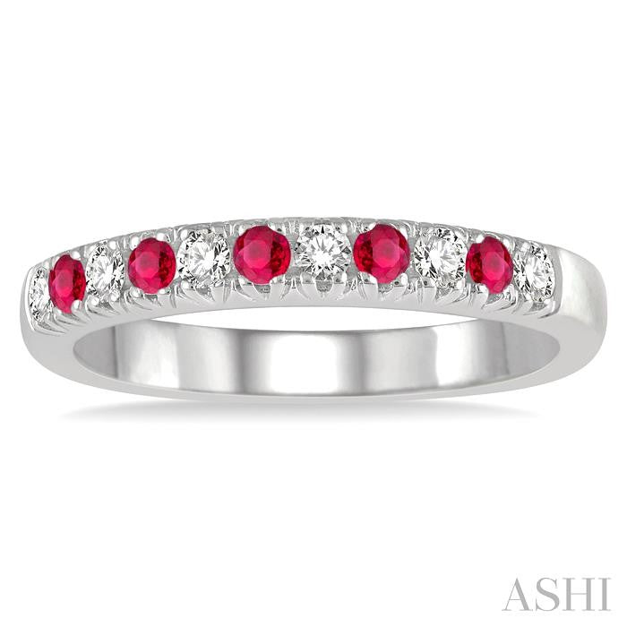 2 MM Round Shape Ruby and 1/5 Ctw Round Cut Diamond Precious Wedding Band in 14K White Gold