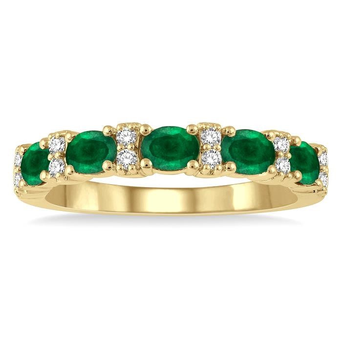 4x3 MM Oval Shape Emerald and 1/6 Ctw Round Cut Diamond Precious Band in 14K Yellow Gold