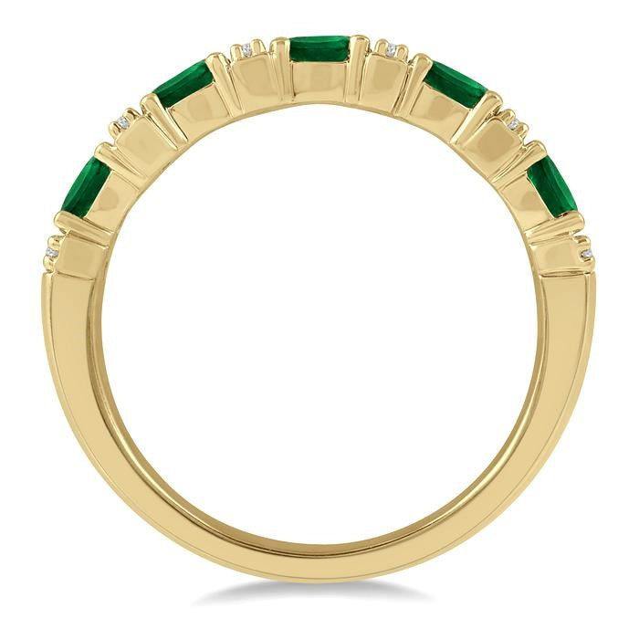 4x3 MM Oval Shape Emerald and 1/6 Ctw Round Cut Diamond Precious Band in 14K Yellow Gold