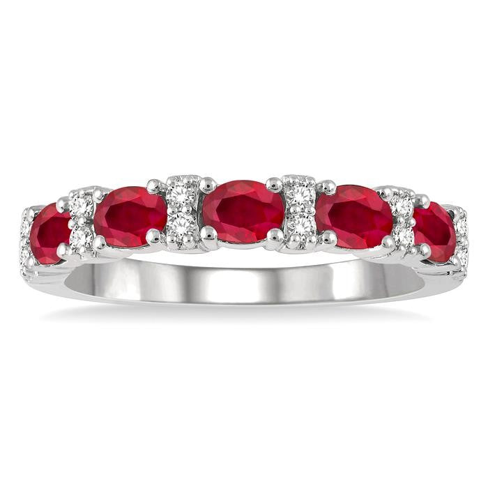 4x3 MM Oval Shape Ruby and 1/6 Ctw Round Cut Diamond Precious Band in 14K White Gold
