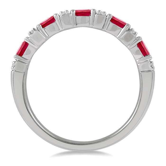 4x3 MM Oval Shape Ruby and 1/6 Ctw Round Cut Diamond Precious Band in 14K White Gold