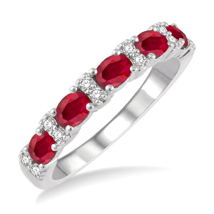 4x3 MM Oval Shape Ruby and 1/6 Ctw Round Cut Diamond Precious Band in 14K White Gold