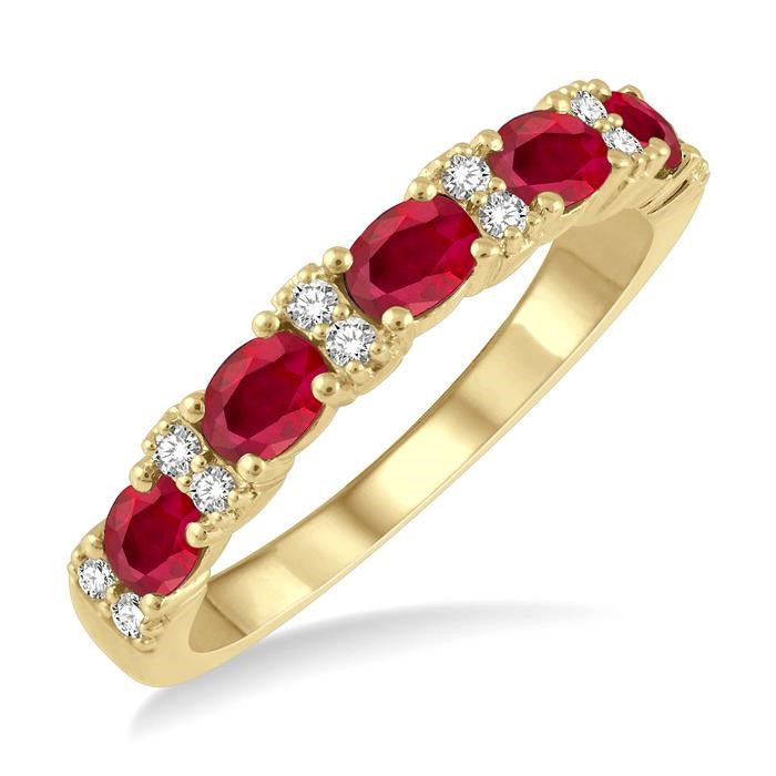 4X3 MM Oval Shape Ruby and 1/6 Ctw Round Cut Diamond Precious Band in 14K Yellow Gold