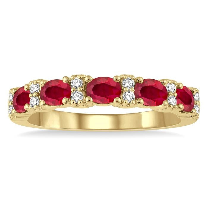 4x3 MM Oval Shape Ruby and 1/6 Ctw Round Cut Diamond Precious Band in 14K Yellow Gold